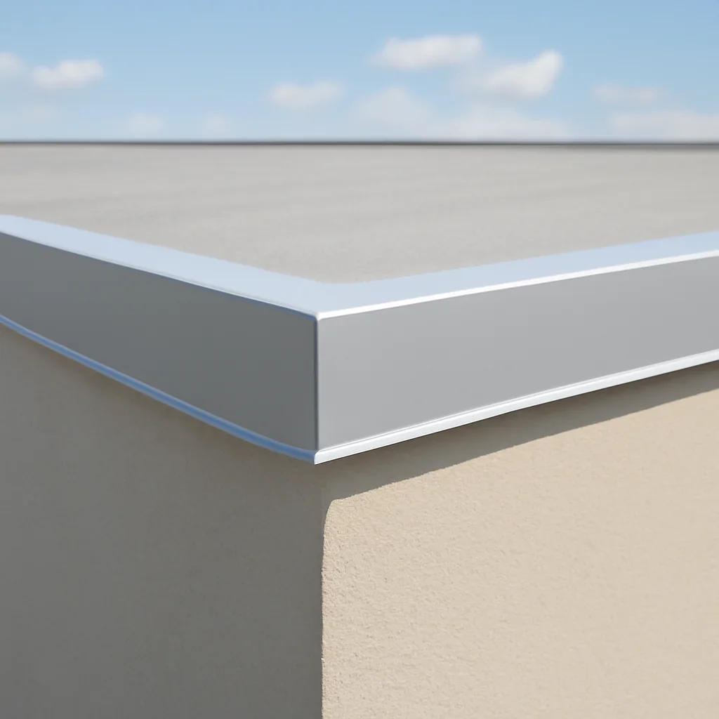 Close view of installed commercial roof edge metal with a clean finish line