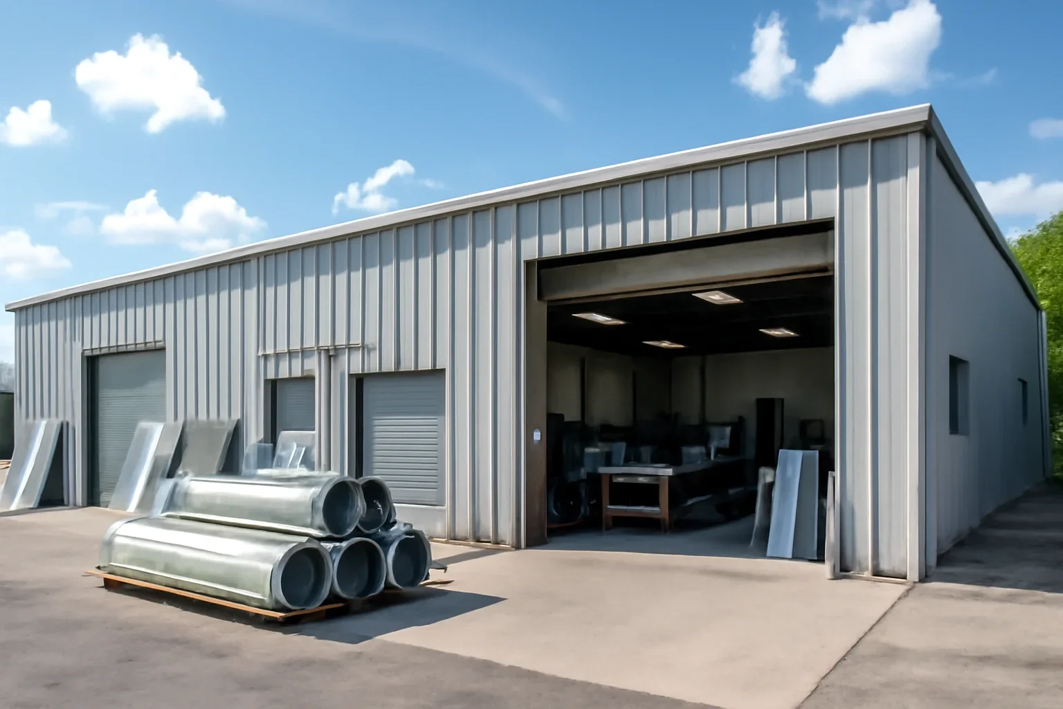 Exterior view of an Opa-locka sheet metal fabrication shop serving roofing contractors