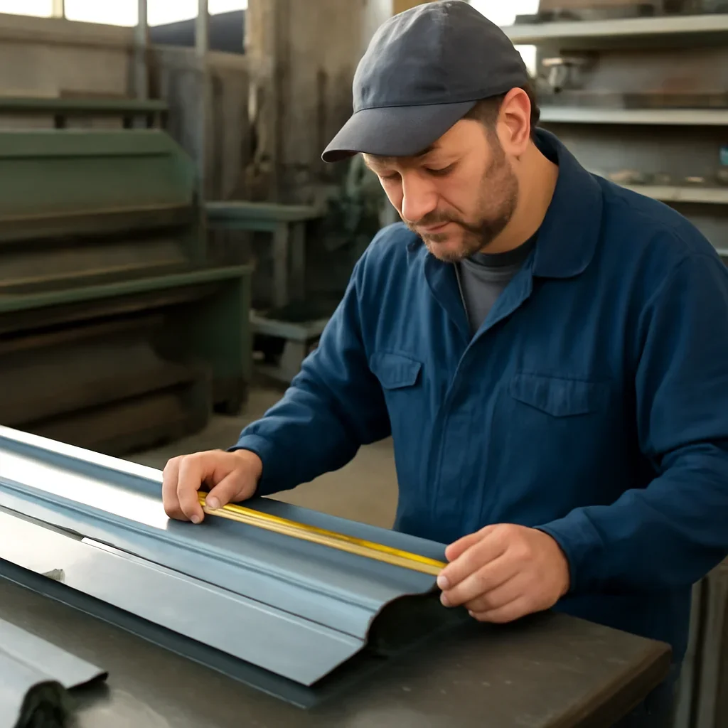 Fabricator checking custom roof metal profiles and measurements in the shop