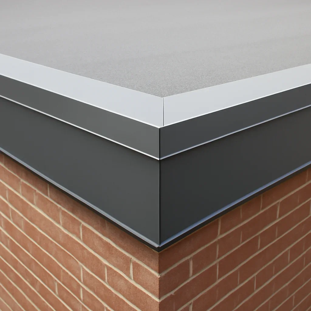 Commercial roof edge replacement detail installed with clean coping and fascia lines