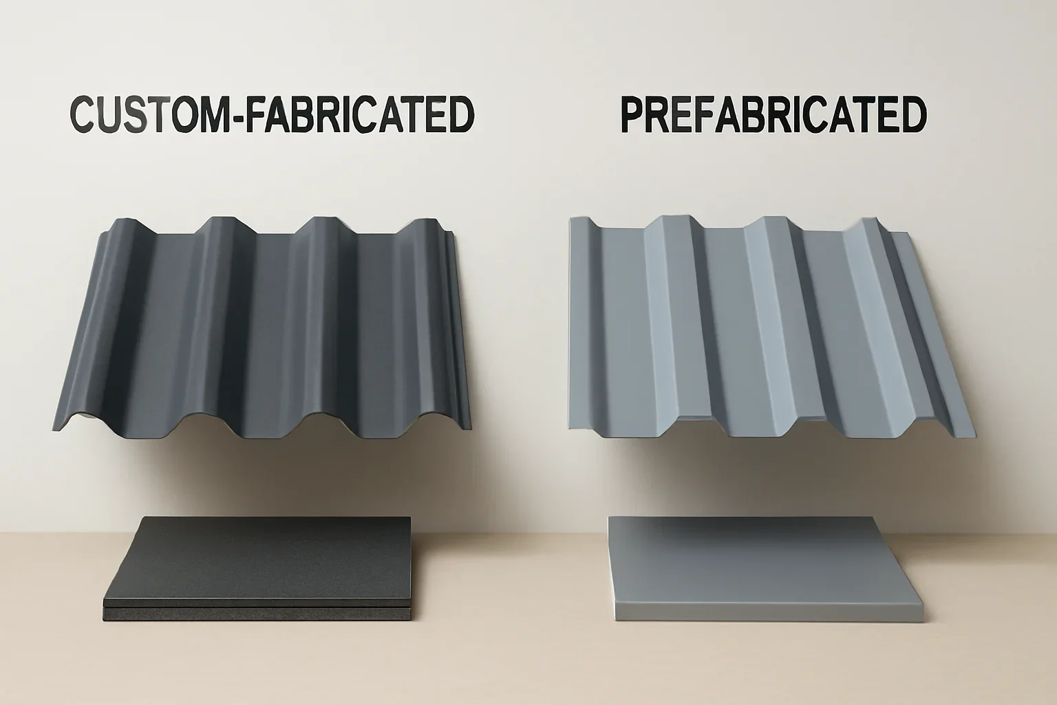 Comparison setup for custom-fabricated vs prefabricated roof metals with roof metal samples