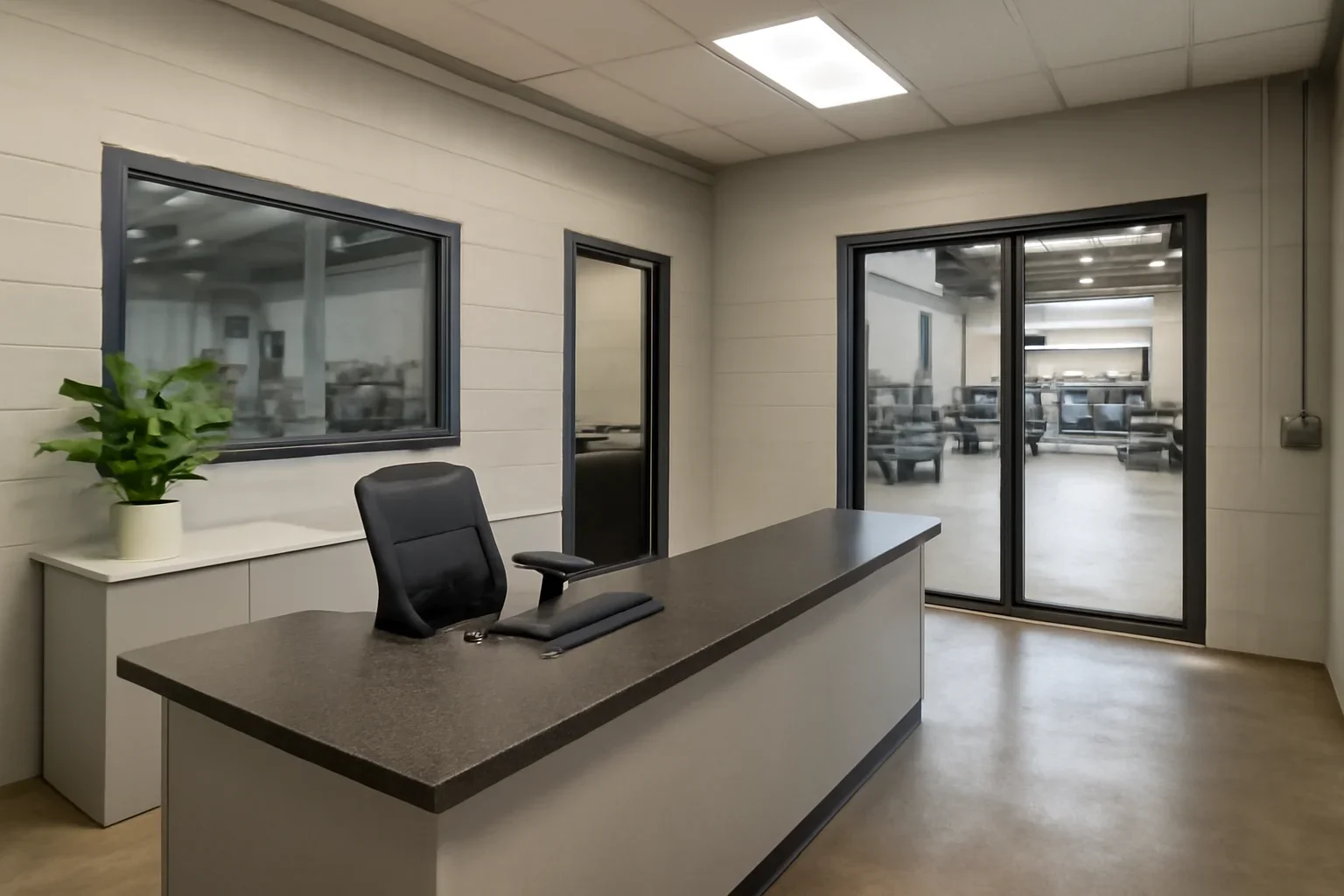 Front desk area and entry to a local sheet metal fabrication shop in Opa-locka
