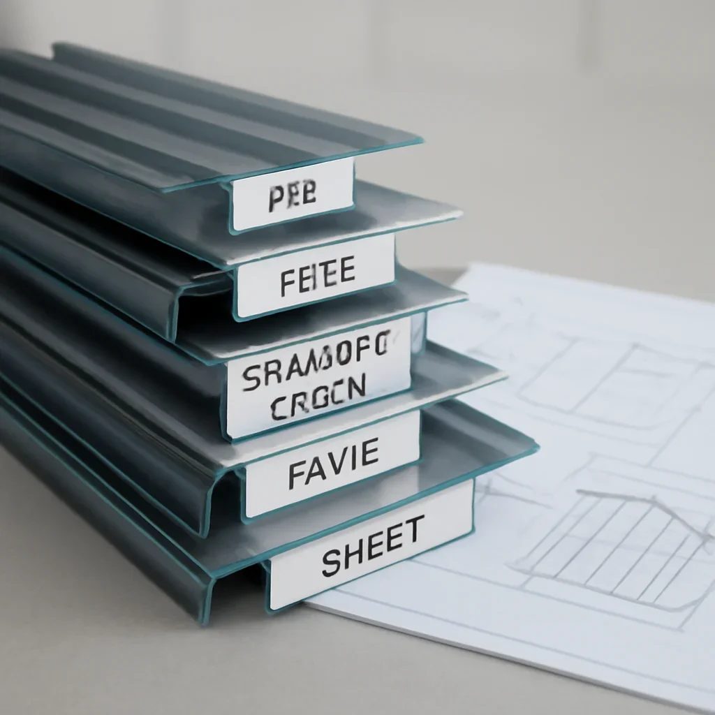 Stack of labeled roof metal profiles and drawings ready for quote review