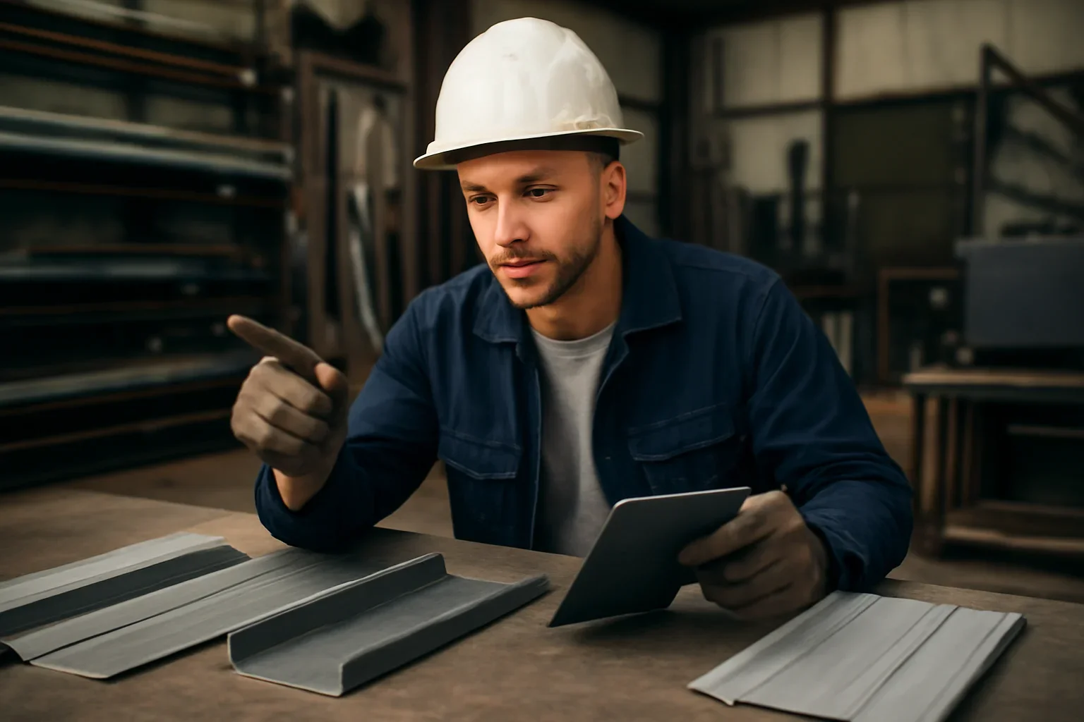 Roofing contractor asking fabrication questions while reviewing custom metal samples