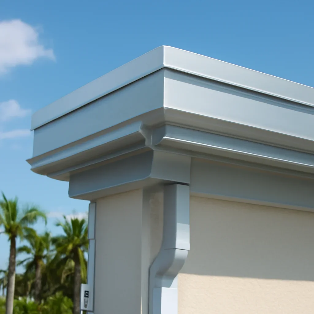 Commercial building roof edge with multiple fabricated metal details installed cleanly