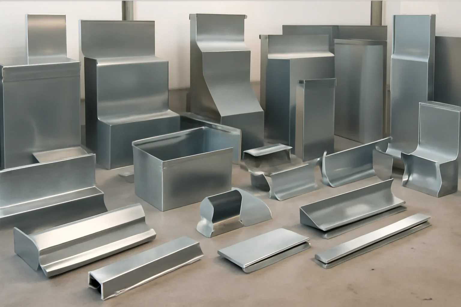 Wide display of roof metal products and custom flashing fabricated for commercial roofing work