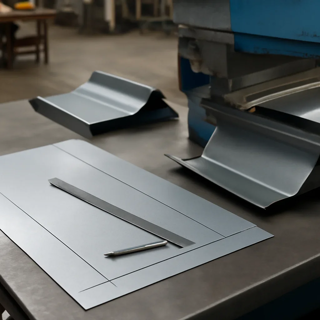 Fabrication process view with measurements, bends, and finished parts