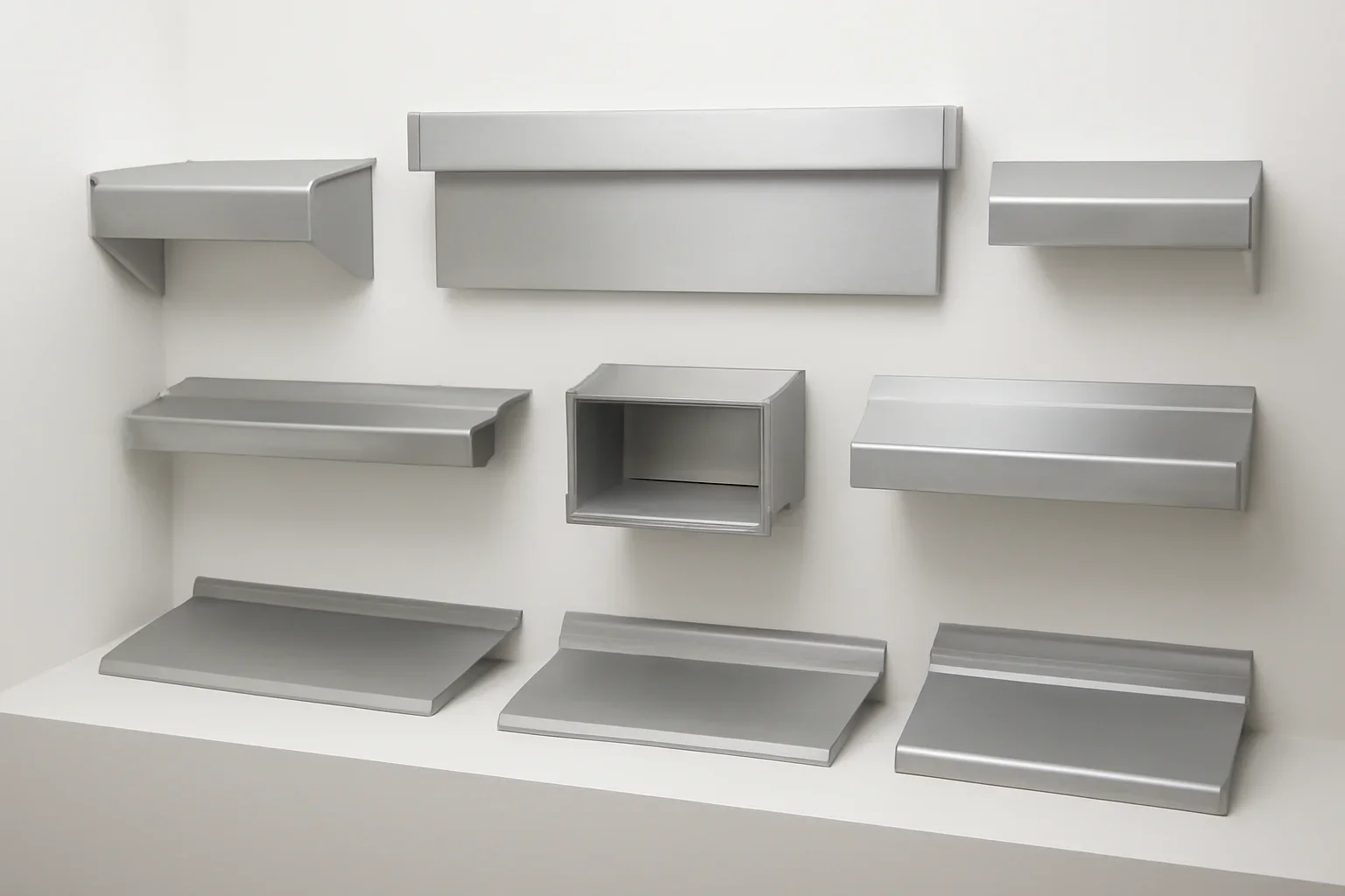 Gallery-style display of fabricated coping, fascia, flashing, scuppers, and trim