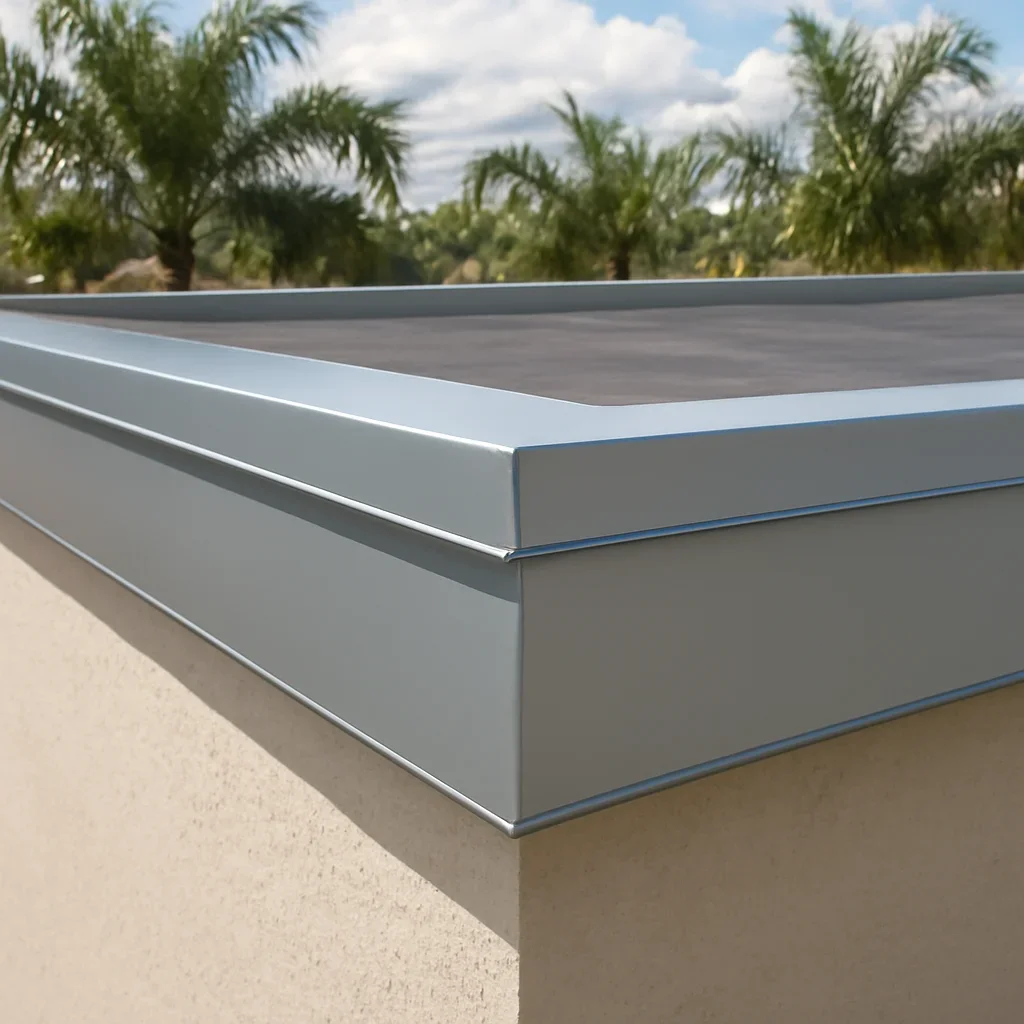 Installed commercial roof edge metal showing coping and fascia in finished condition