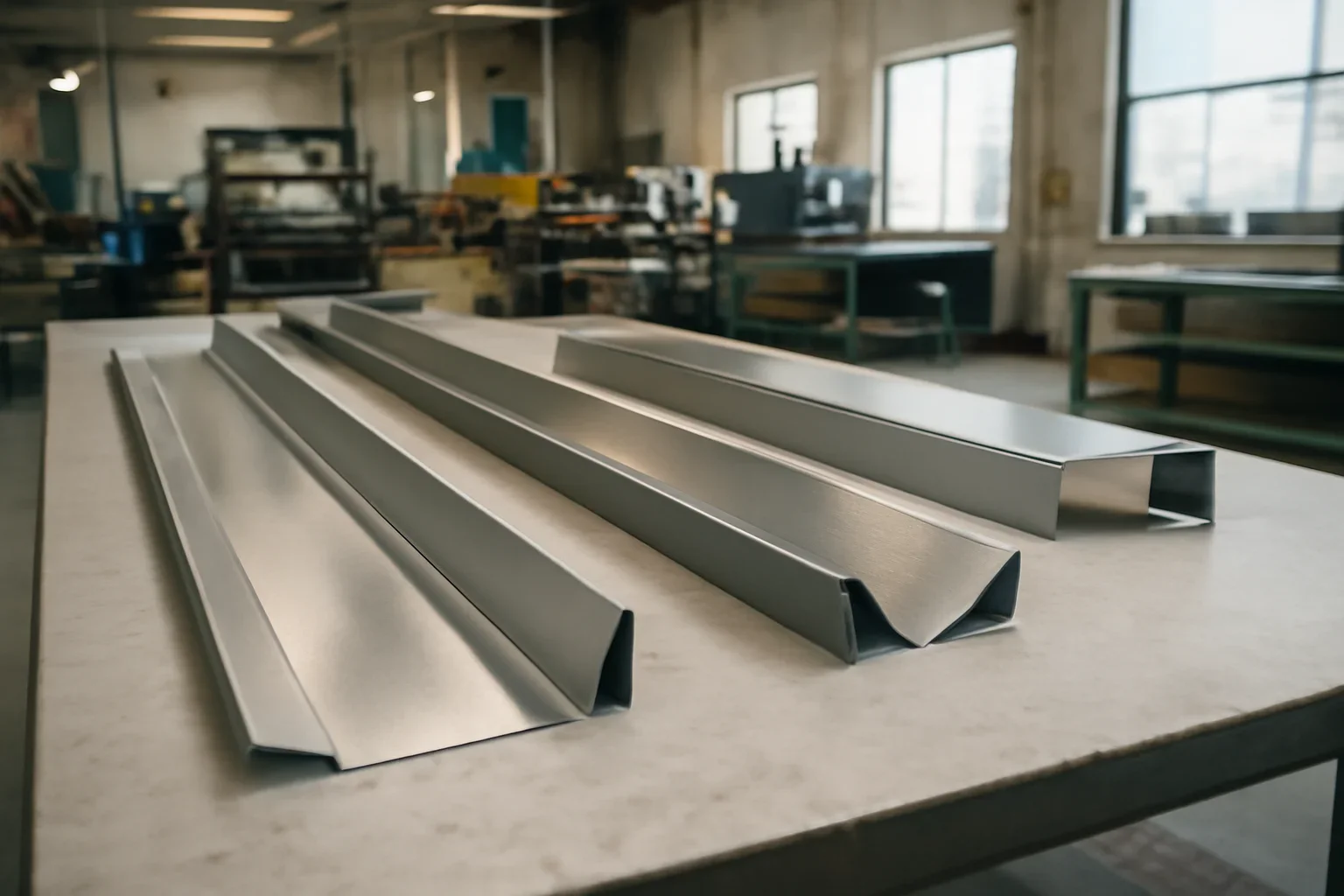 Fabricated roof edge metal laid out in a clean Opa-locka sheet metal shop