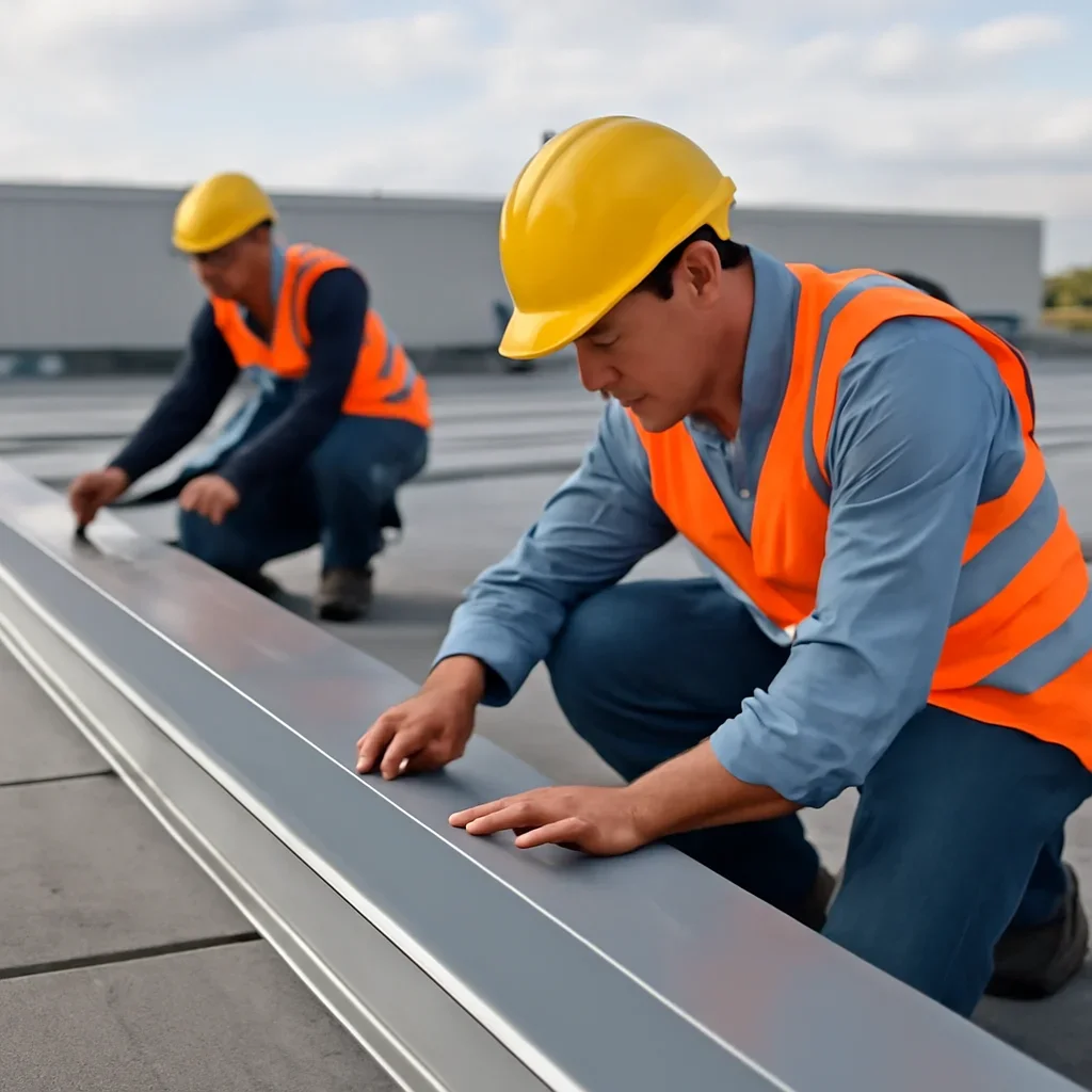 Commercial roof edge metal supporting roofing contractors work