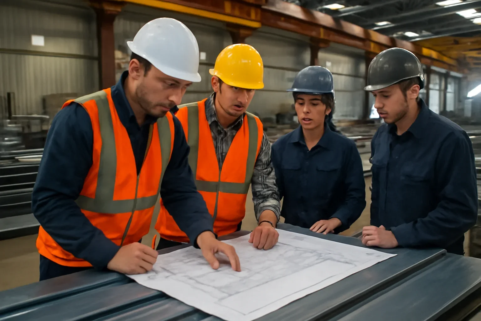 Roofing Contractors reviewing roof metal details with a fabrication team