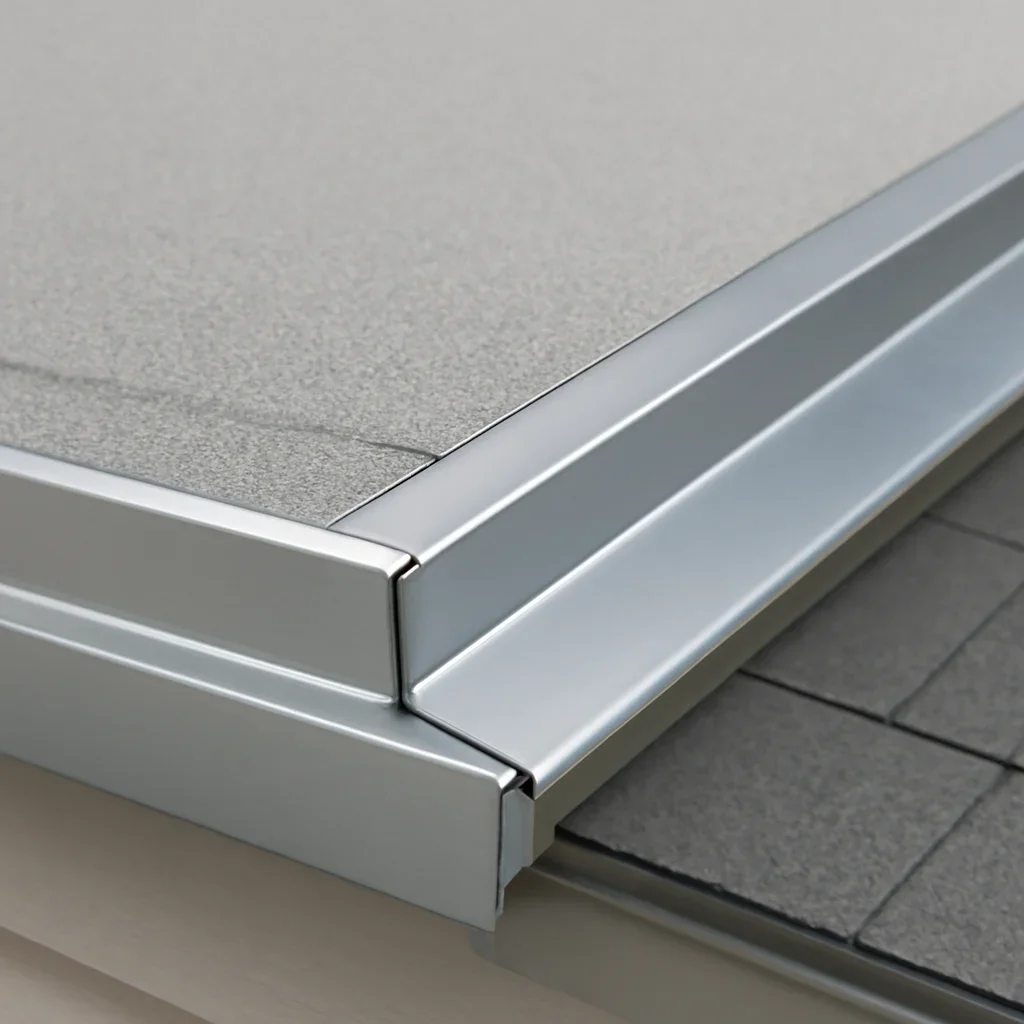 Close-up of roof edge metal and flashing installed along a low-slope roof transition