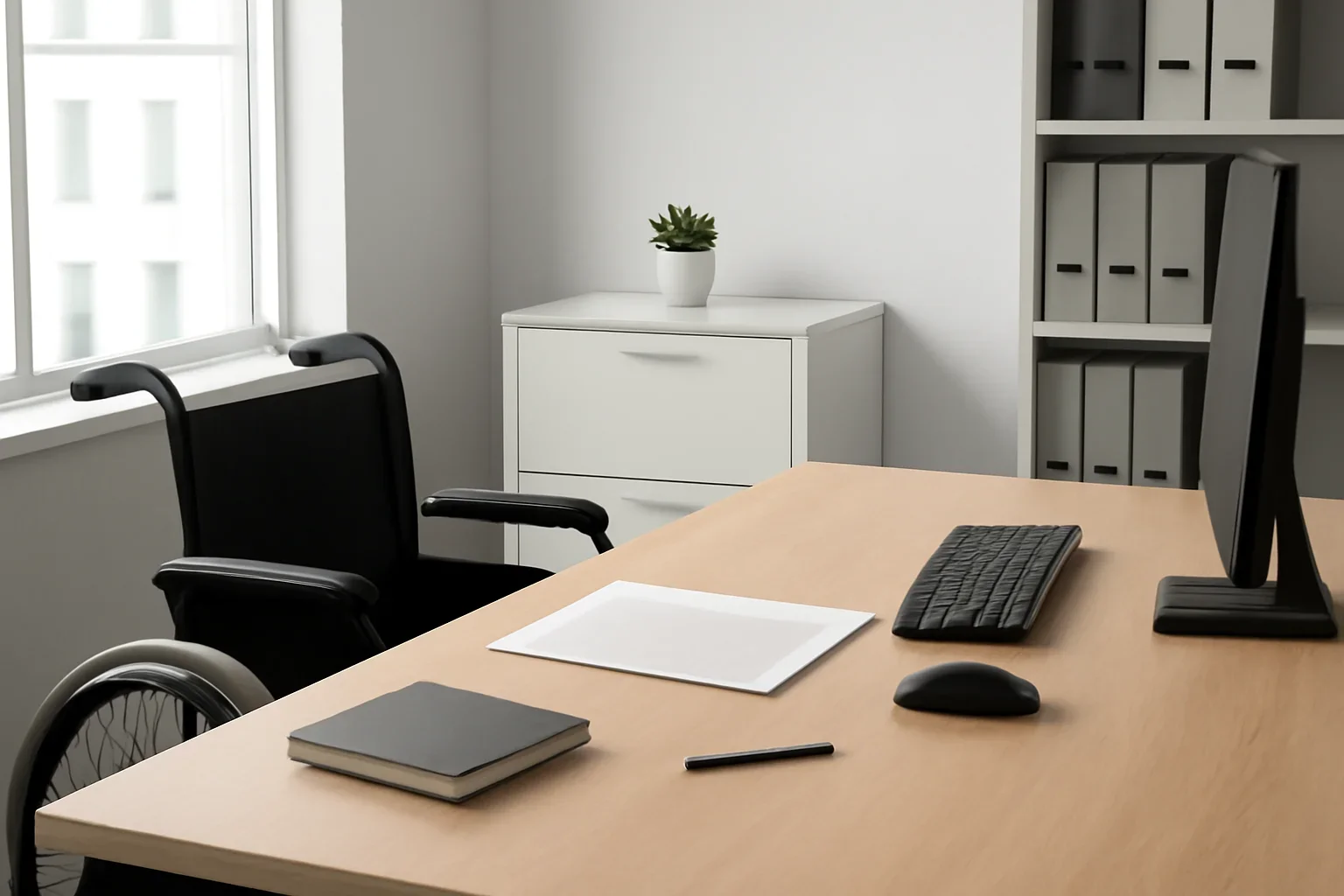 Accessibility page visual with a clean professional office and document setting