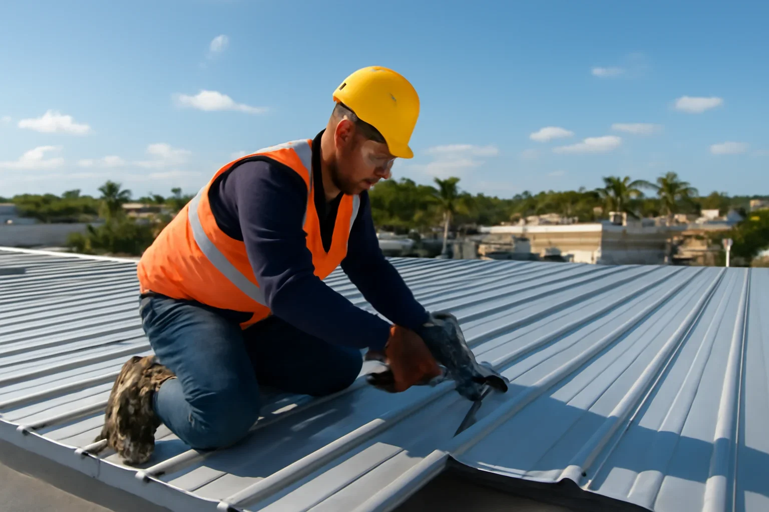 Commercial roof metal service scene for Hialeah, FL