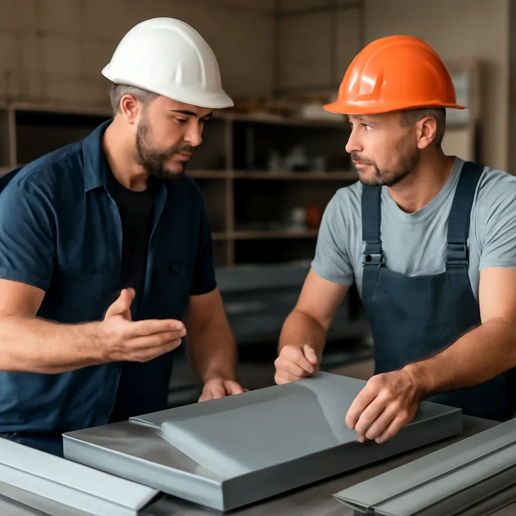 Roofing contractor discussing order timing and delivery for custom sheet metal