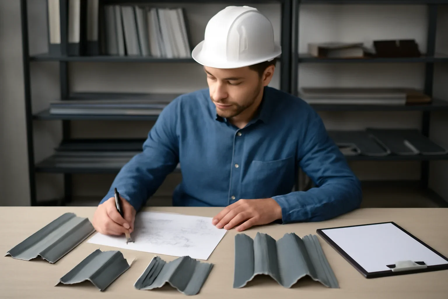 Estimator reviewing a custom roof metal quote with drawings and sample profiles