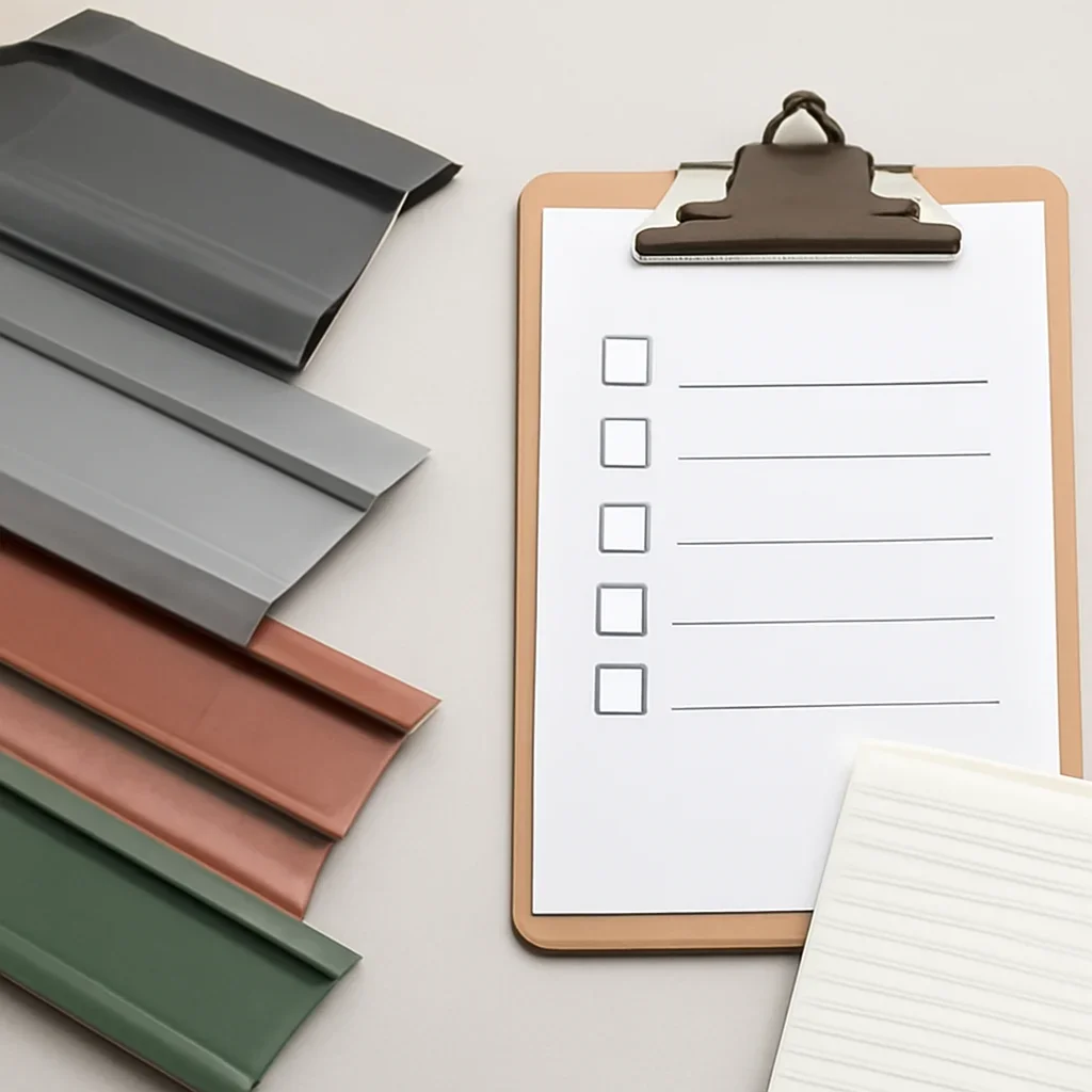 Custom roof metal samples beside a clear quote checklist and schedule notes