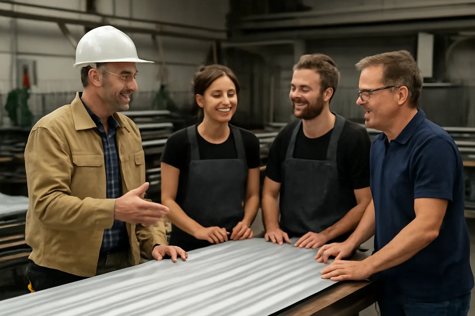 Contractor and shop team discussing finished roof metal order and service experience