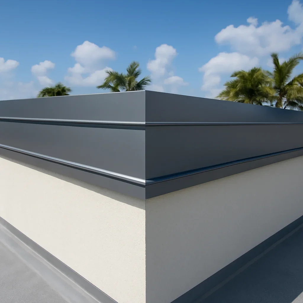 Finished commercial roof perimeter with coordinated metal details and clean lines