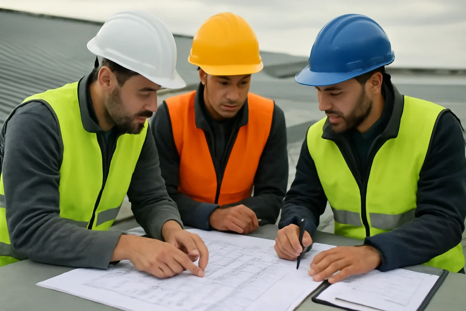 Commercial roofing team reviewing custom roof metal details and phased project needs