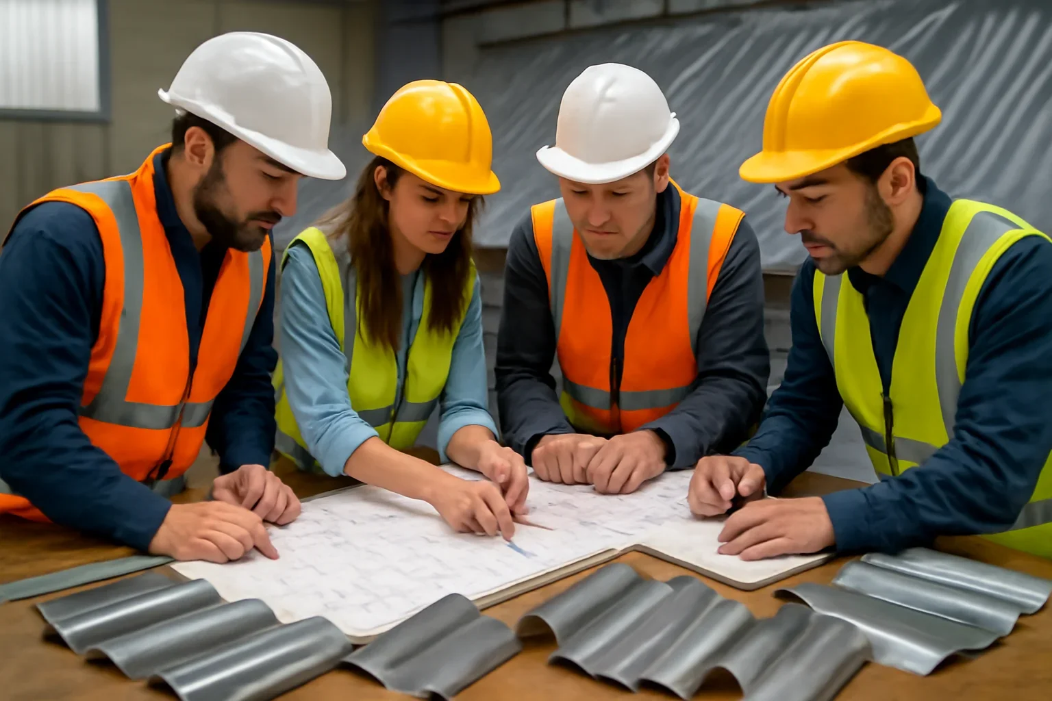 Roofing team planning new construction roof metals with drawings and metal samples