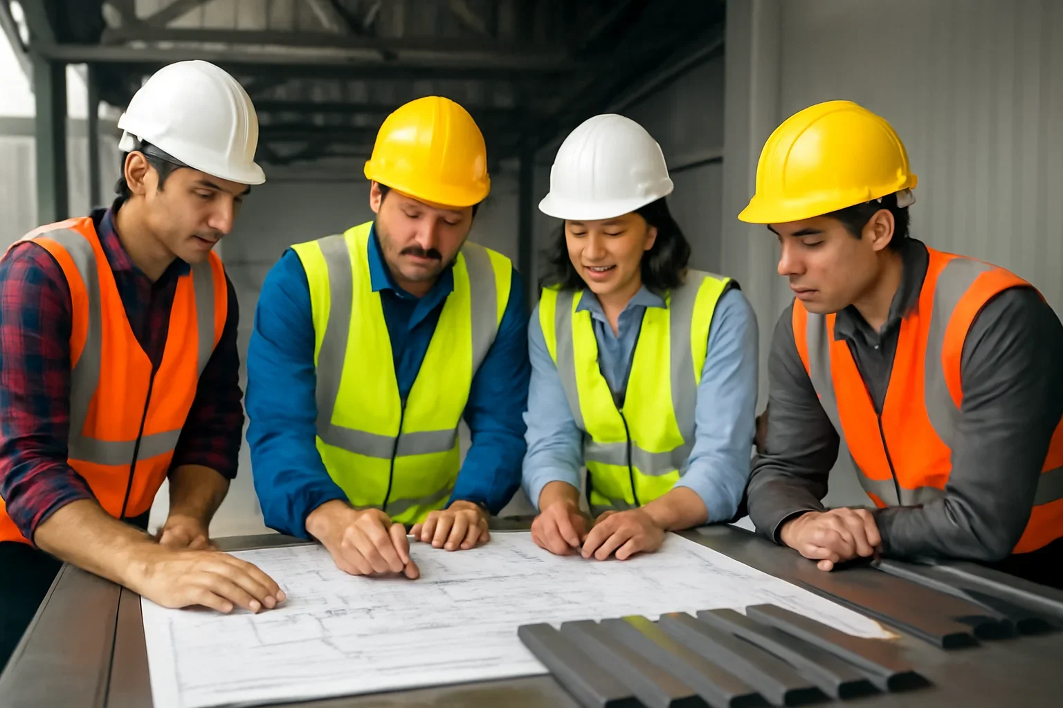 Roofing team planning re-roof projects with drawings and metal samples