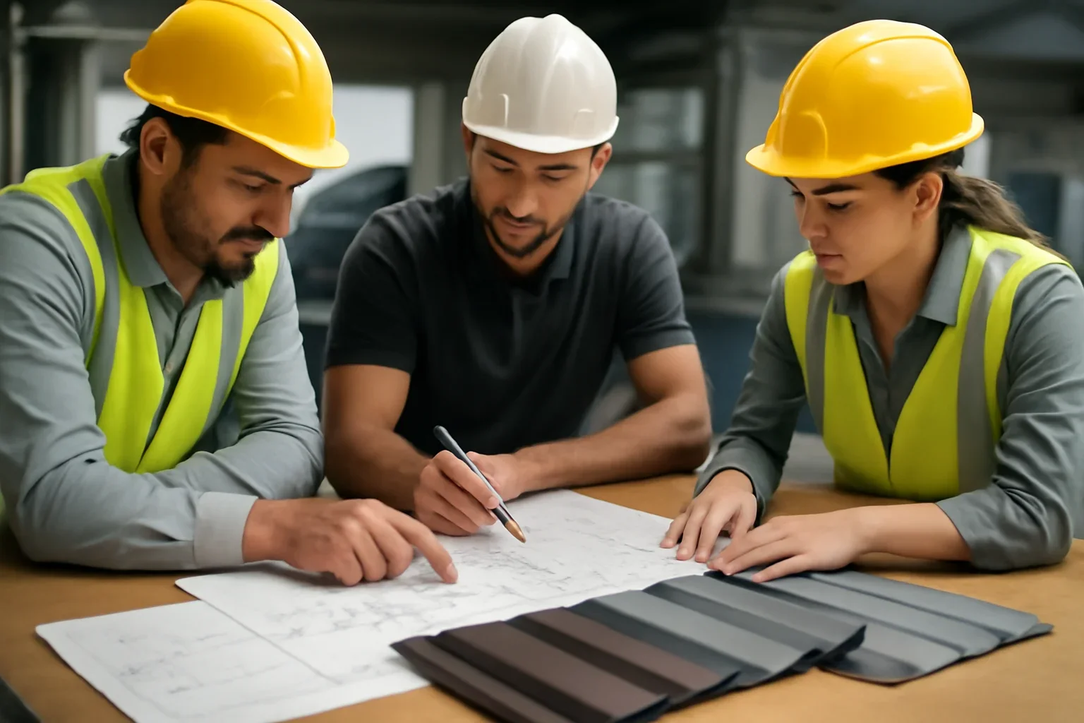 Roofing team planning small-batch custom orders with drawings and metal samples