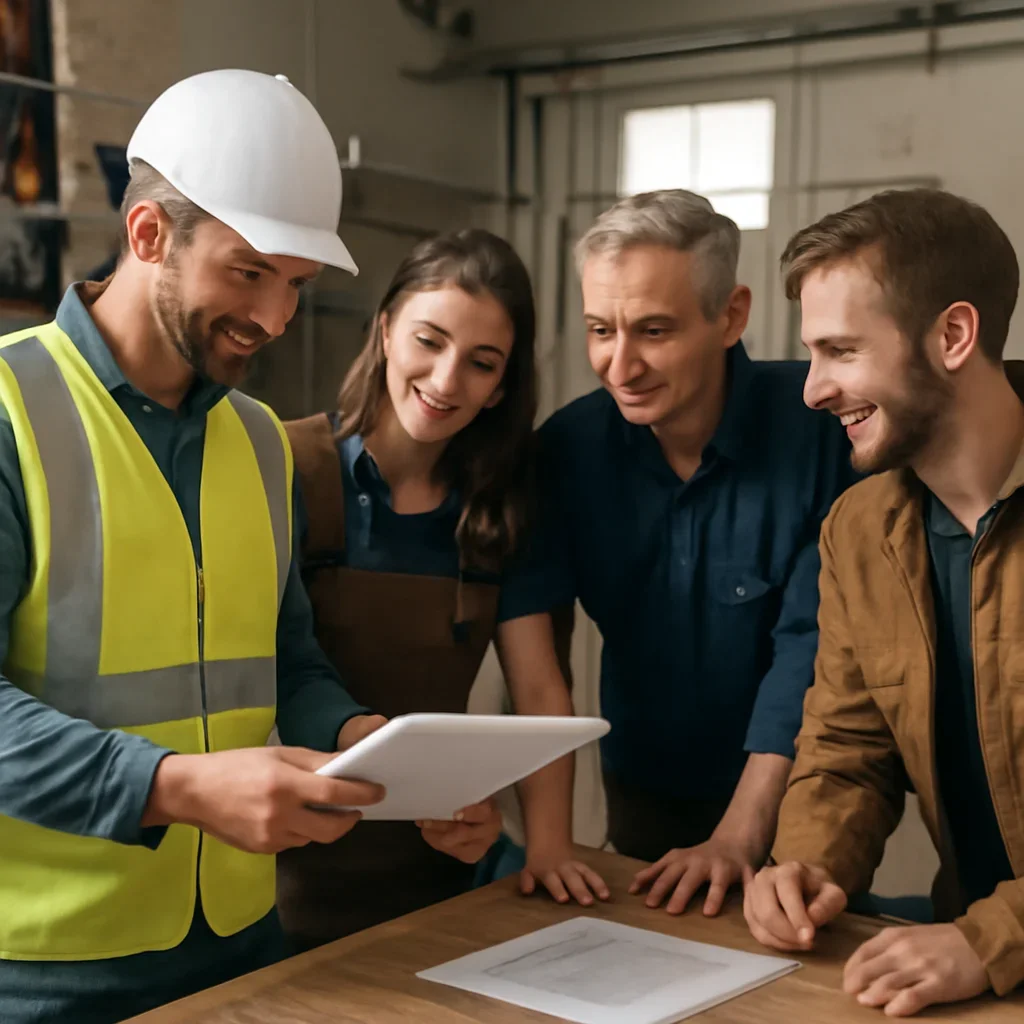 Contractor and shop team reviewing quote checklist and schedule notes