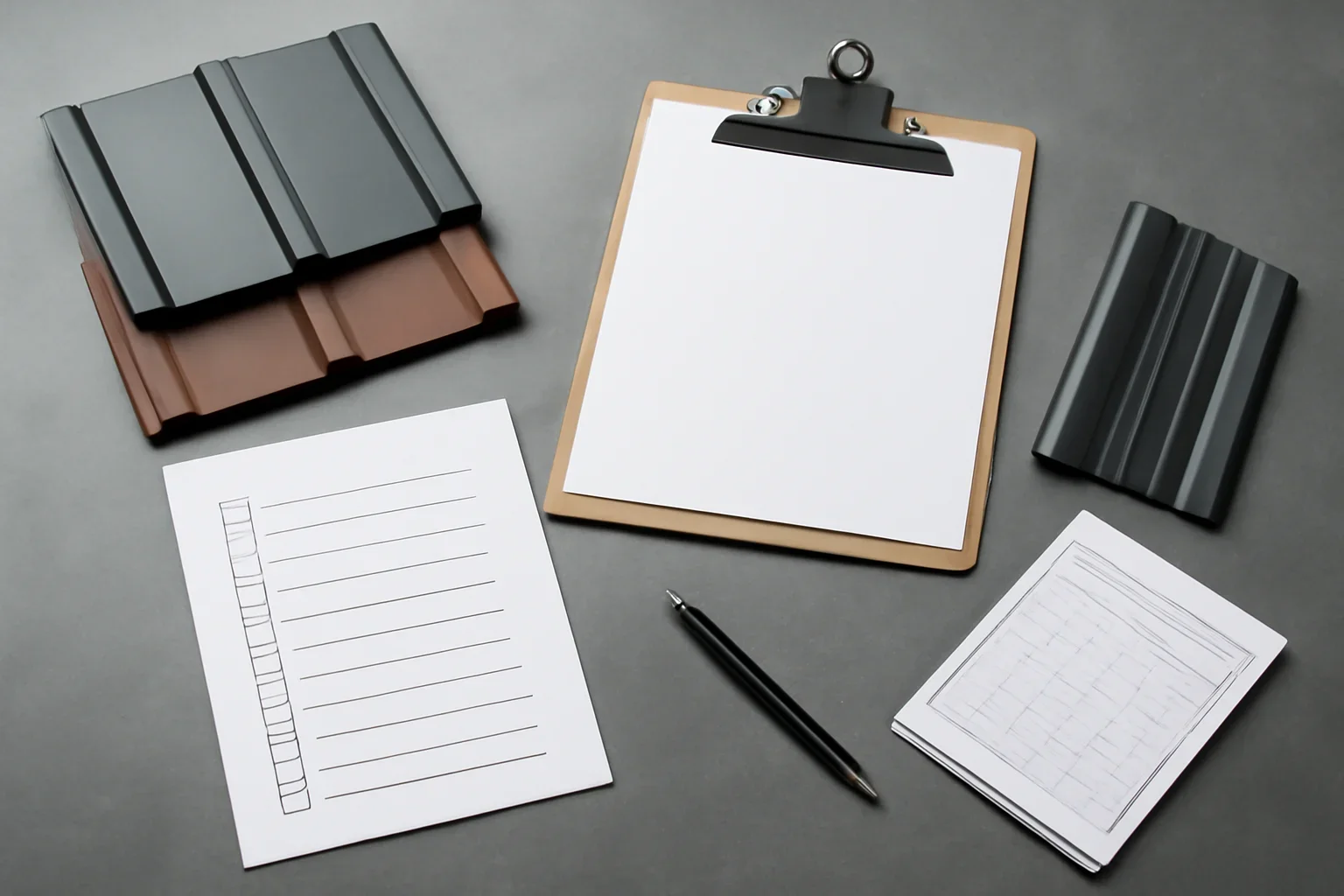 Roof metal ordering checklist, material samples, and delivery notes on a fabrication desk