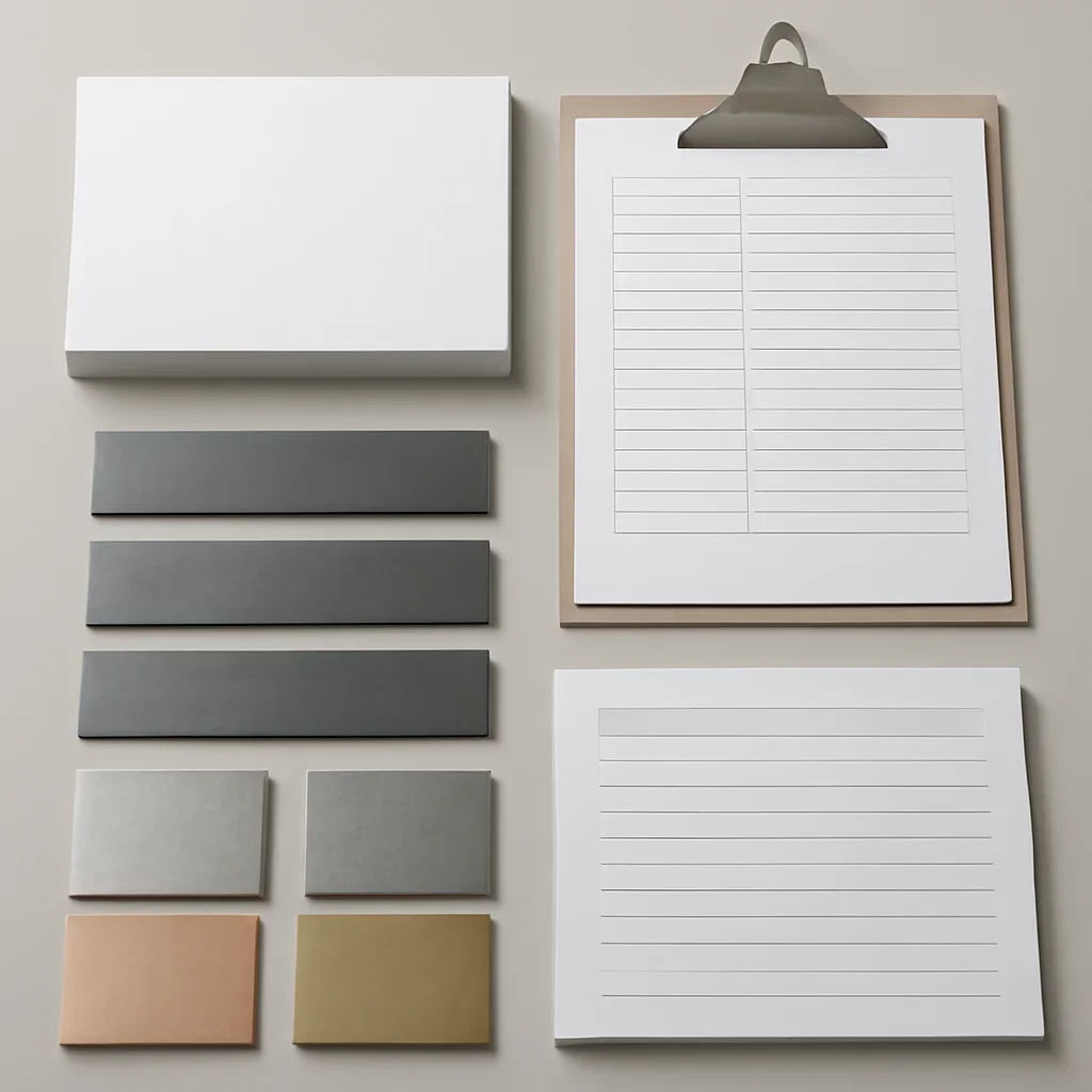 Organized documents and metal samples related to materials & gauges