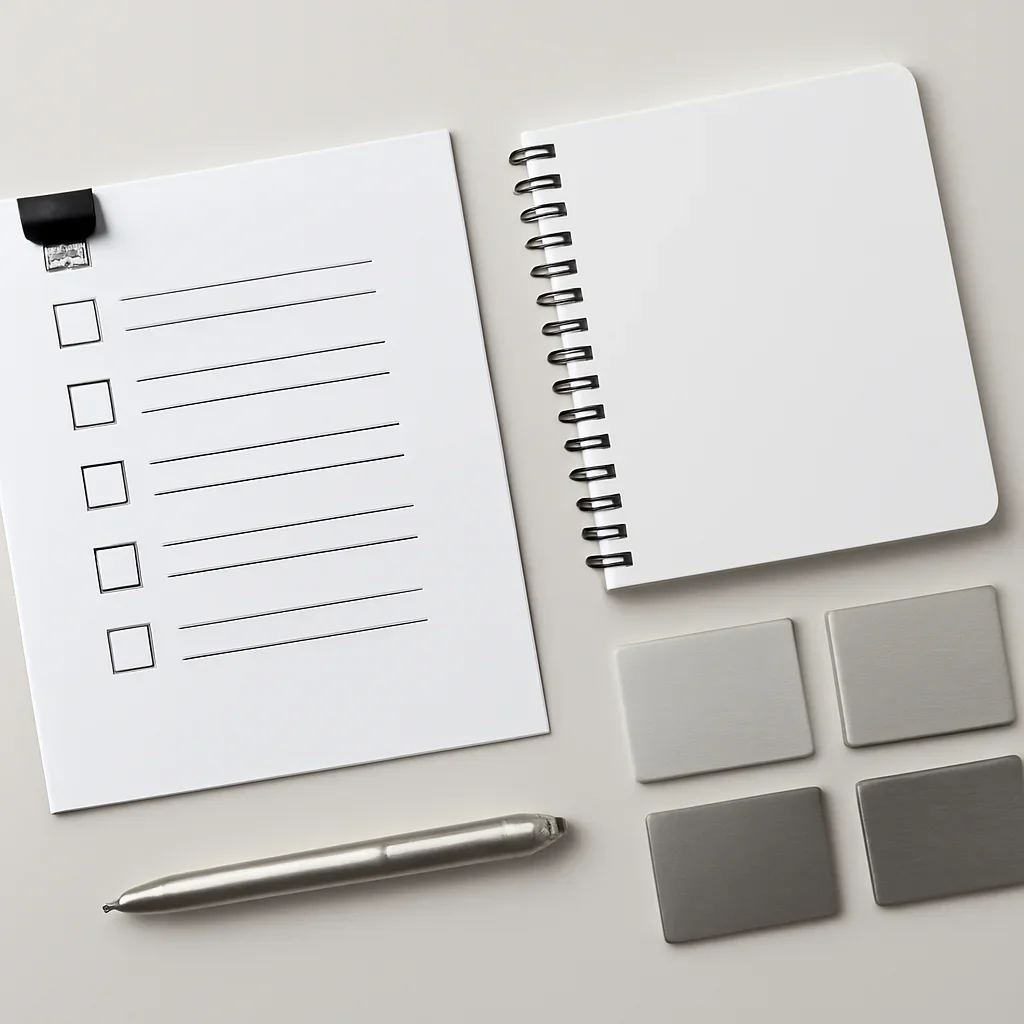 Organized documents and metal samples related to quote checklist